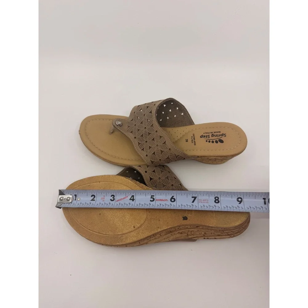 Spring Step Womens Tan Leather Laser Cut Floral Wedge Thong Sandal Made in Italy